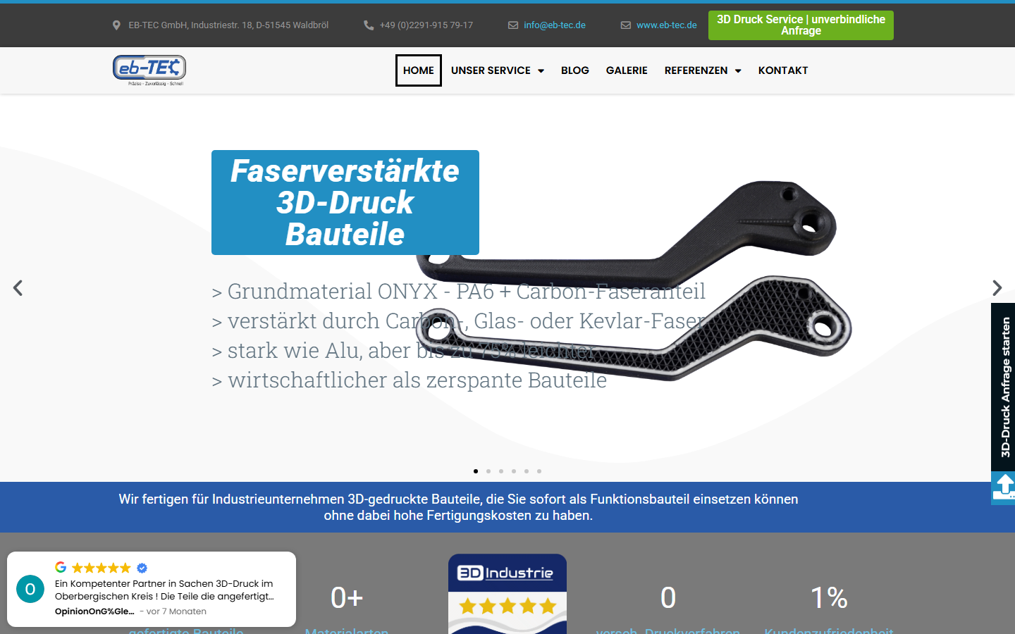 Website der EB-TEC GmbH in Waldbröl, Startseite zum 3D-Druck
