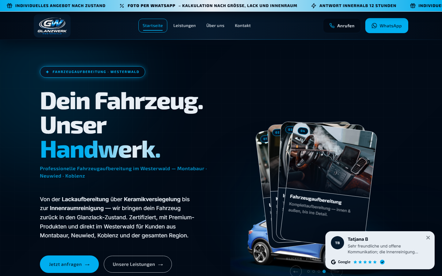 Website von GW Glanzwerk in Unnau, Startseite zur Fahrzeugaufbereitung