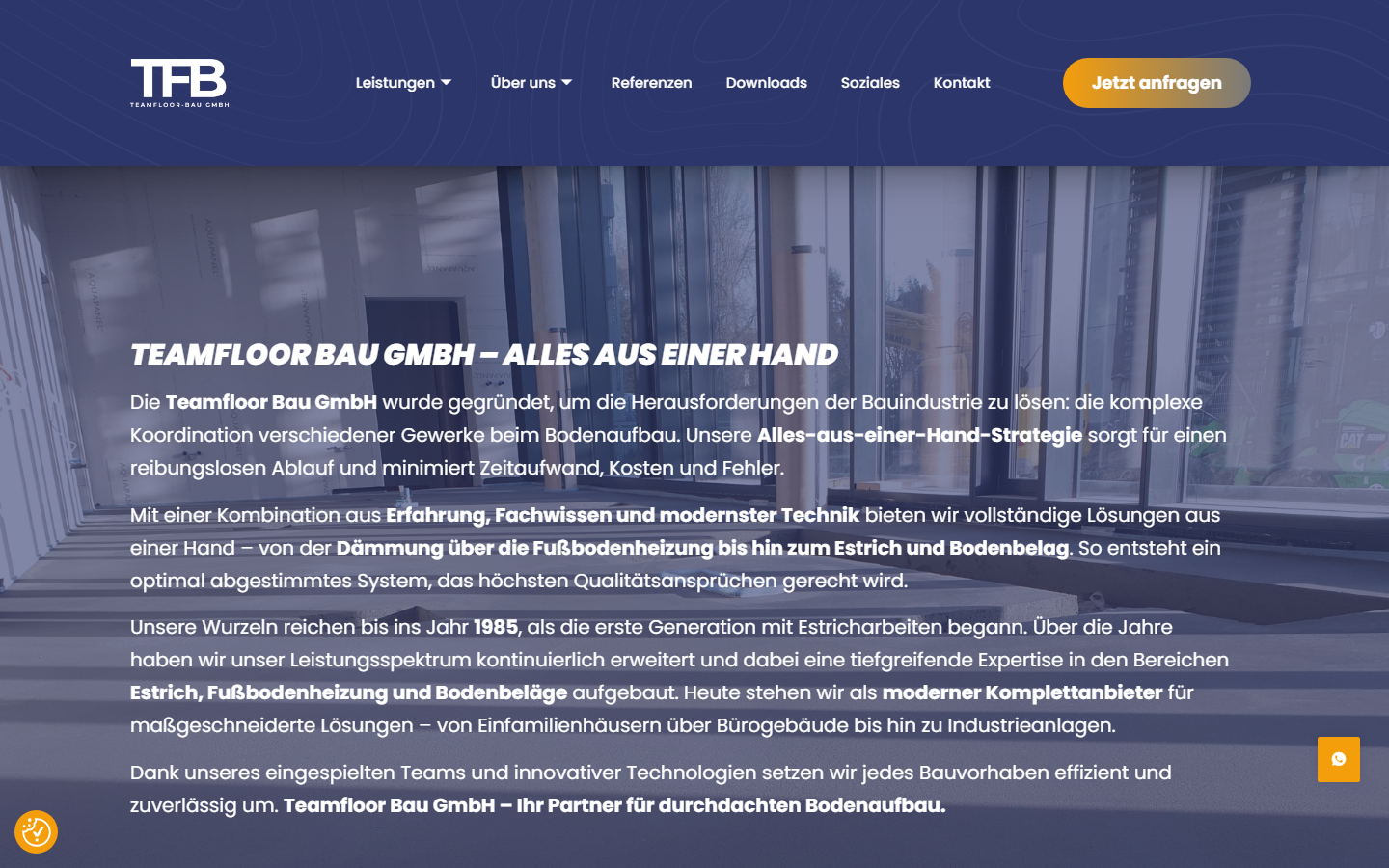 Website der Teamfloor Bau GmbH in Maxsain, Startseite zum Bodenaufbau
