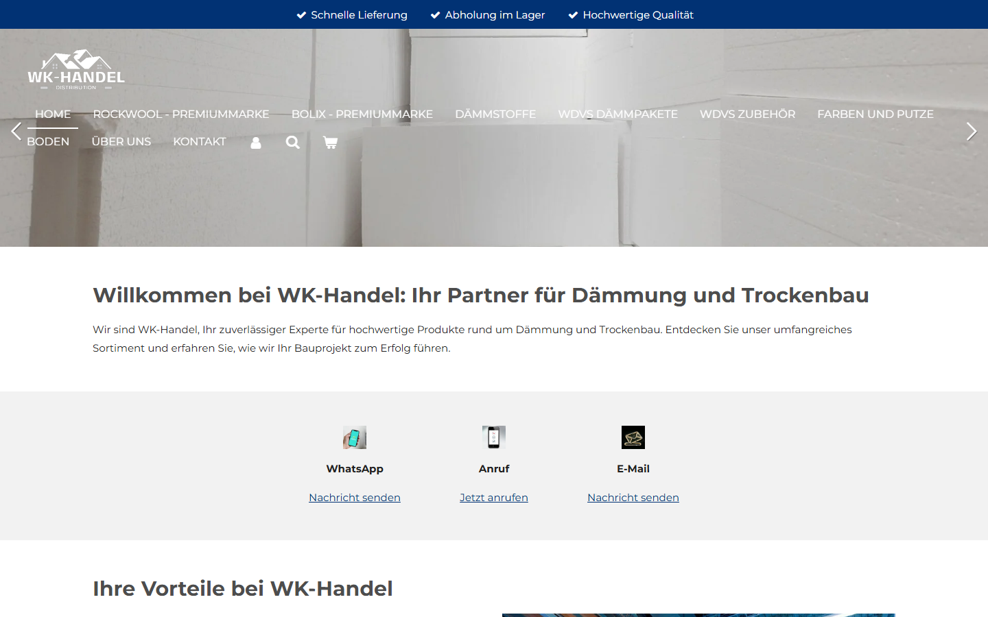 Website von WK-Handel in Paderborn, Startseite für Dämmung und Trockenbau