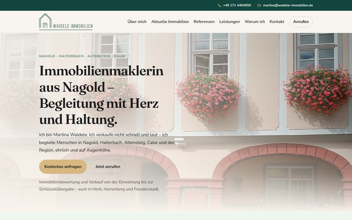 Website von Waidele Immobilien in Nagold, Startseite der Maklerin